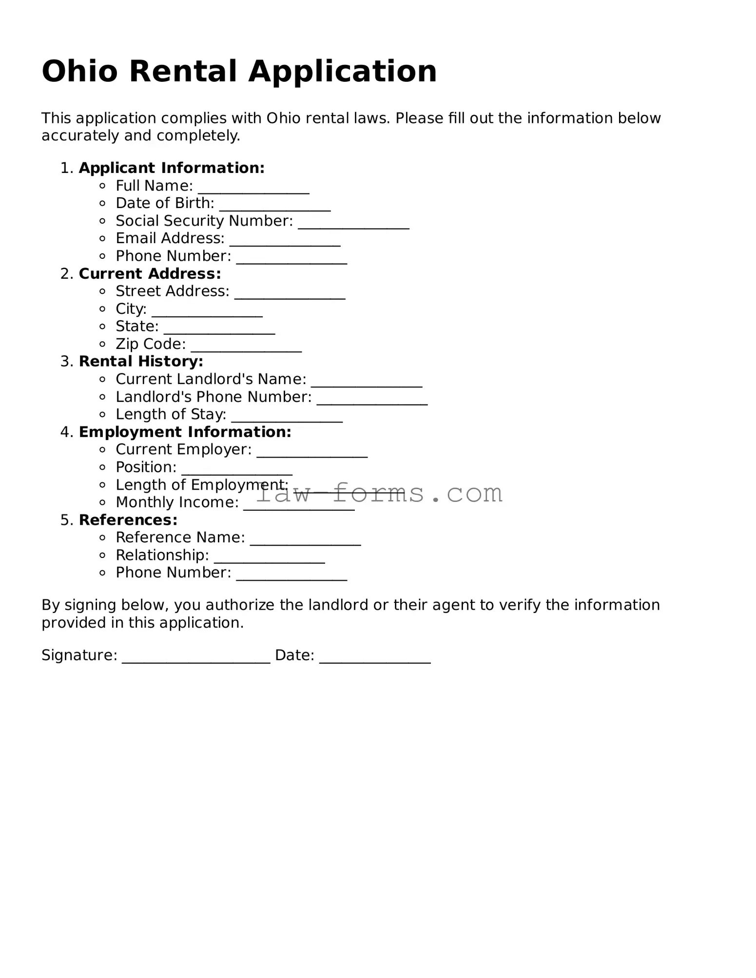 Valid Rental Application Form for Ohio State