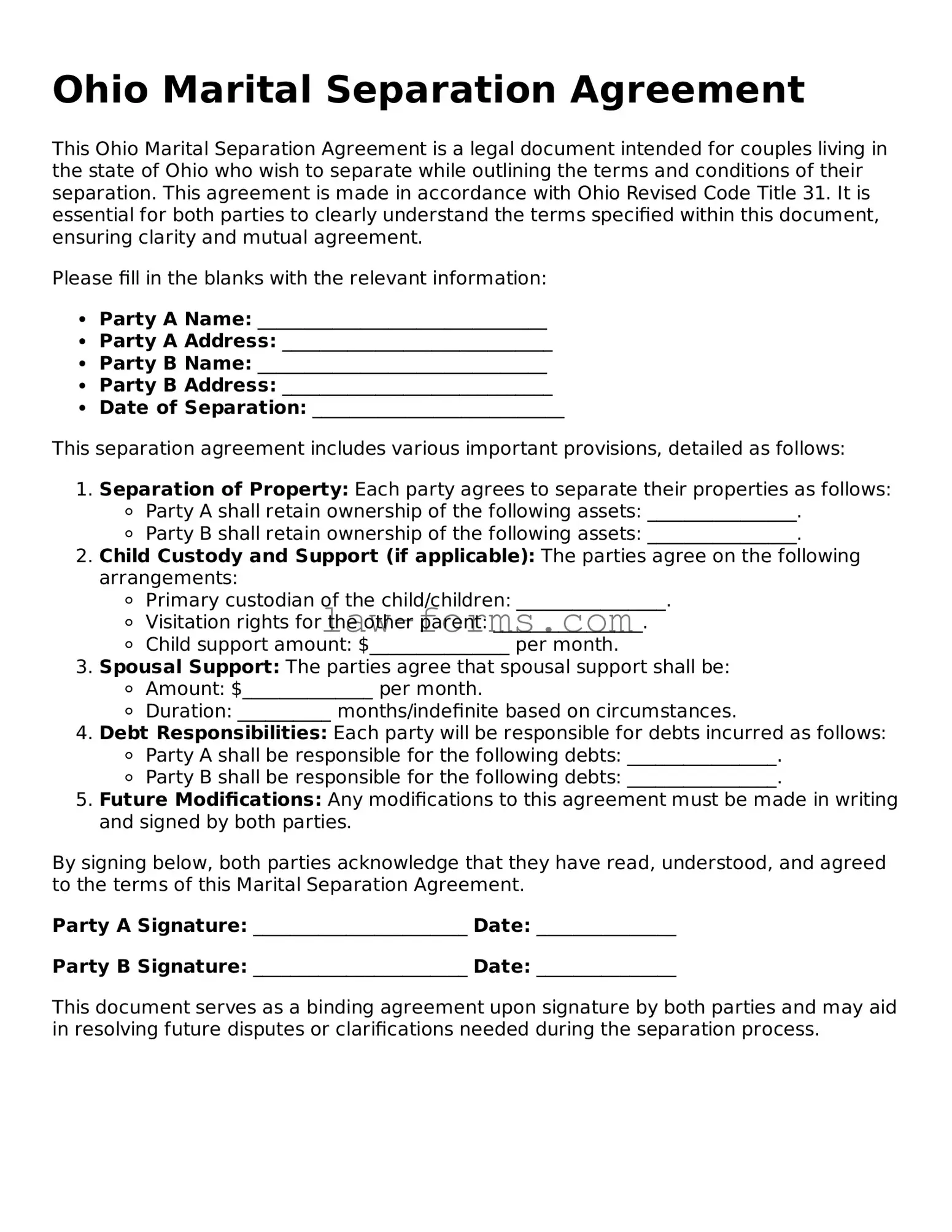 Valid Marital Separation Agreement Form for Ohio State