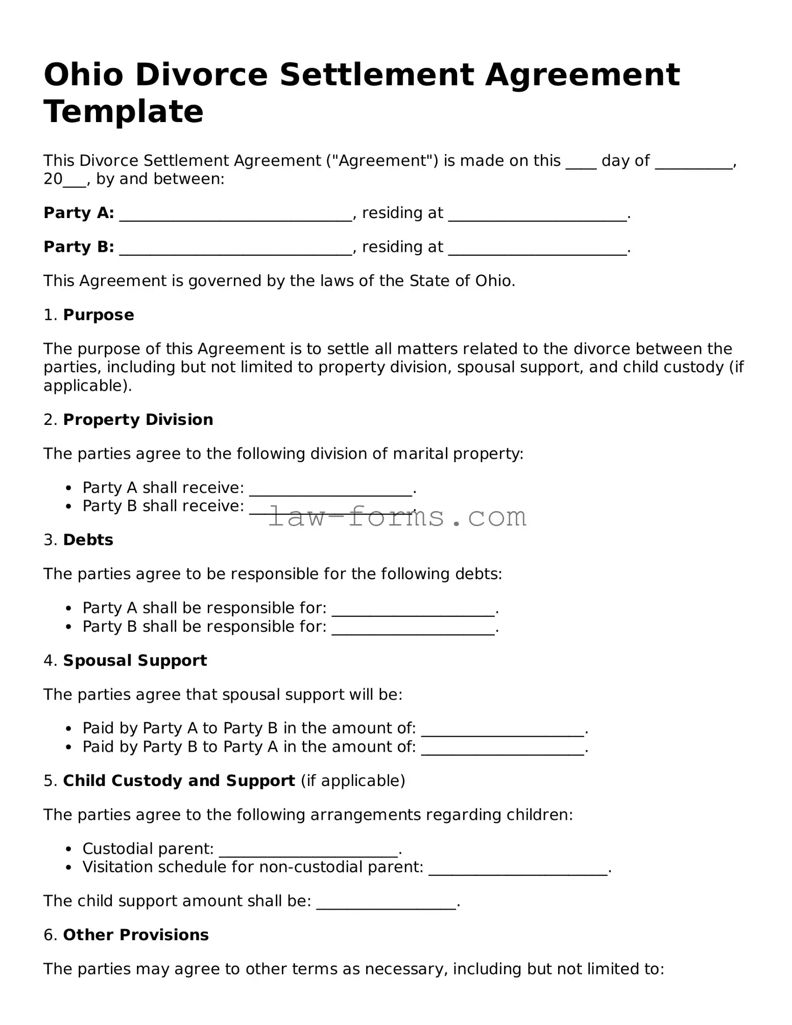 Valid Divorce Settlement Agreement Form for Ohio State