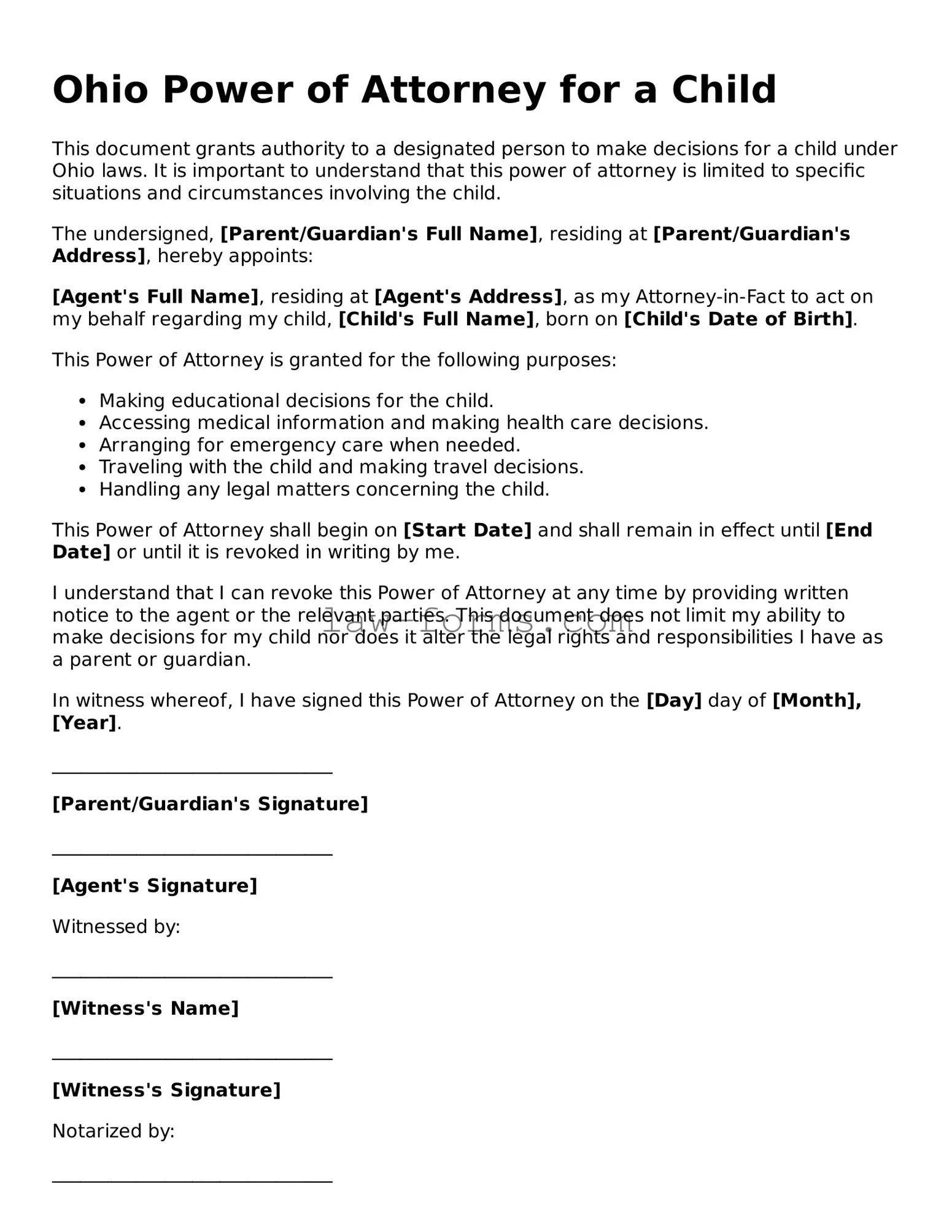 Valid Power of Attorney for a Child Form for Ohio State