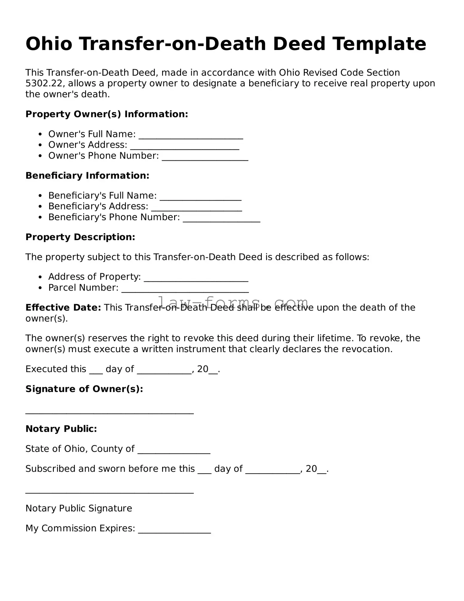 Valid Transfer-on-Death Deed Form for Ohio State