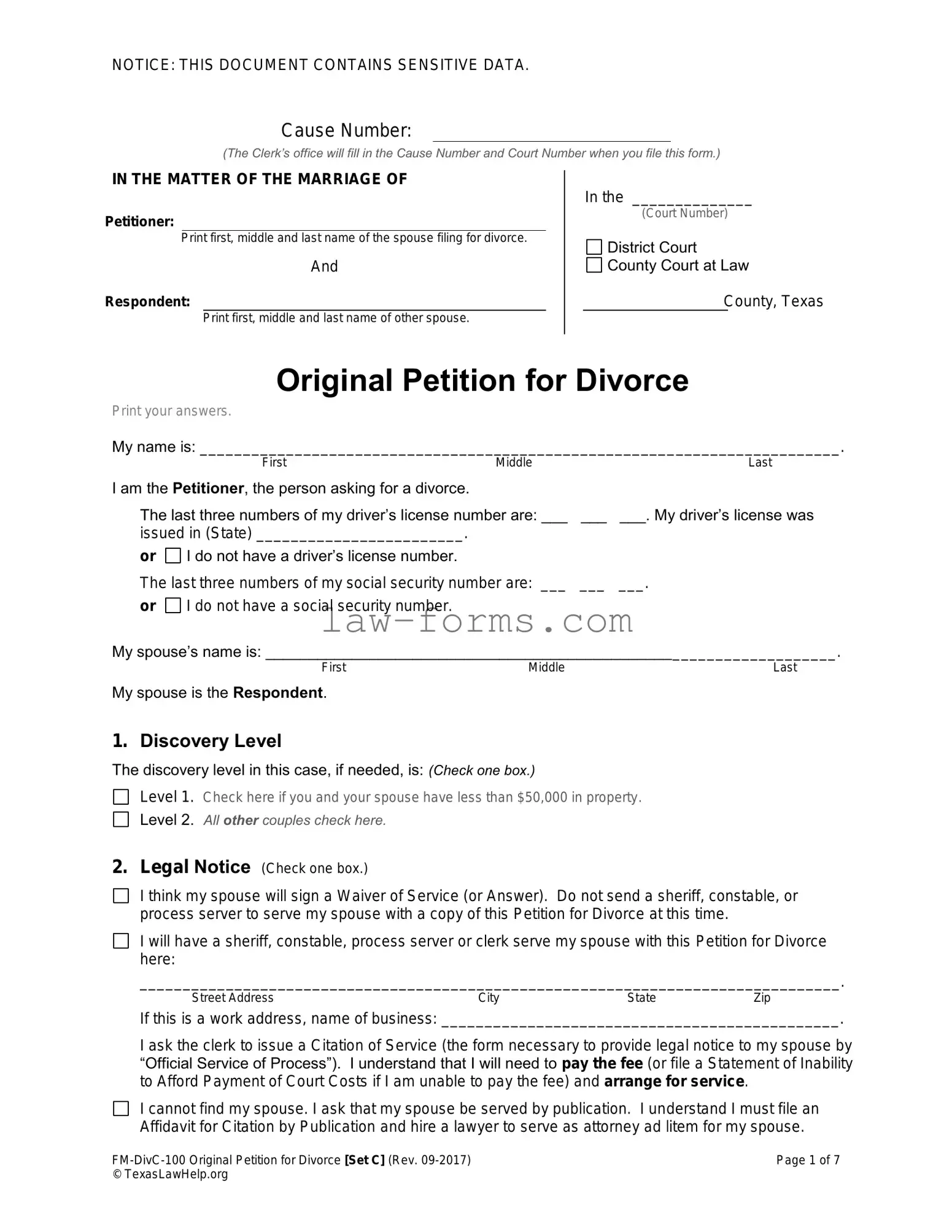 Texas Law Help FM-DivC-100 Original Petition for Divorce Set C PDF Template