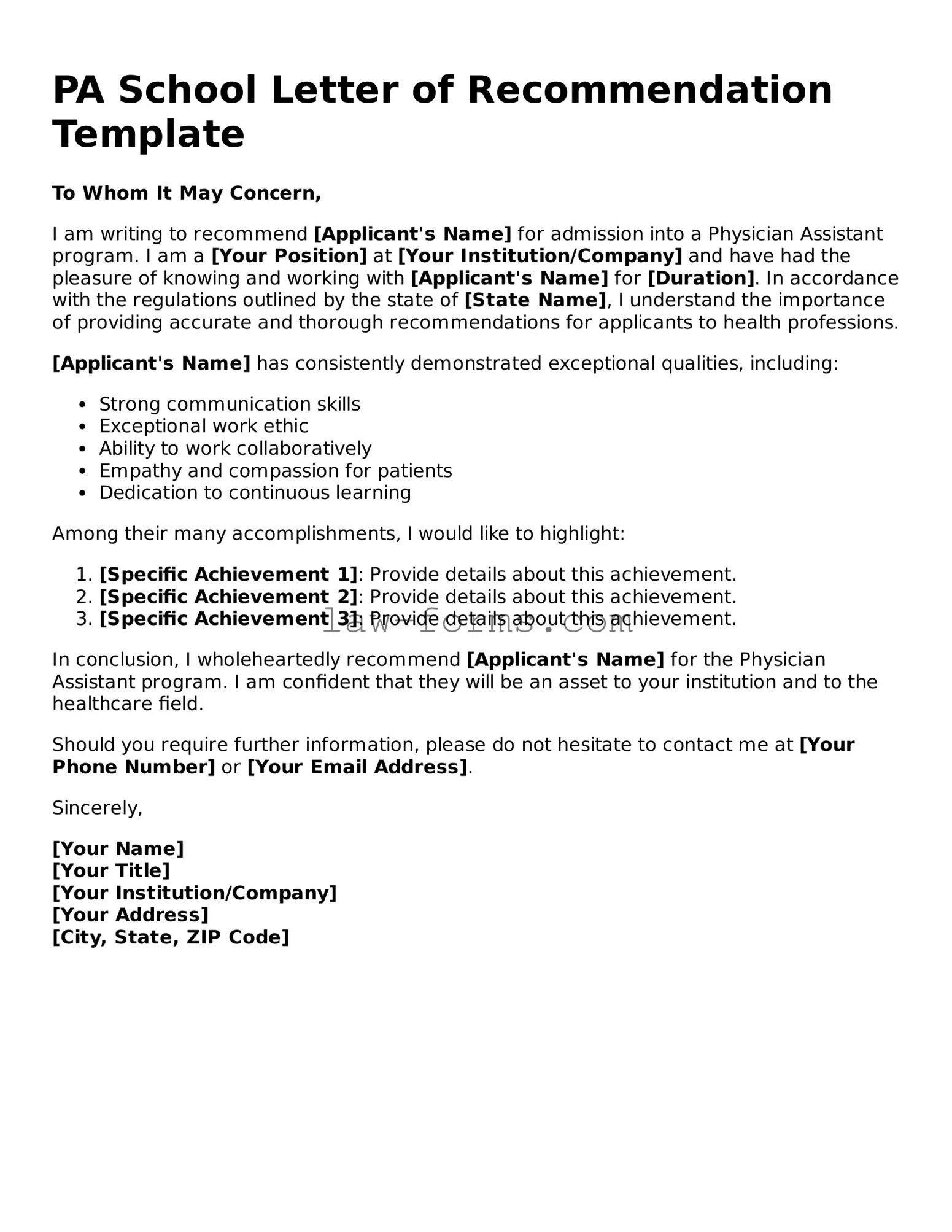 Valid PA School Letter of Recommendation Template