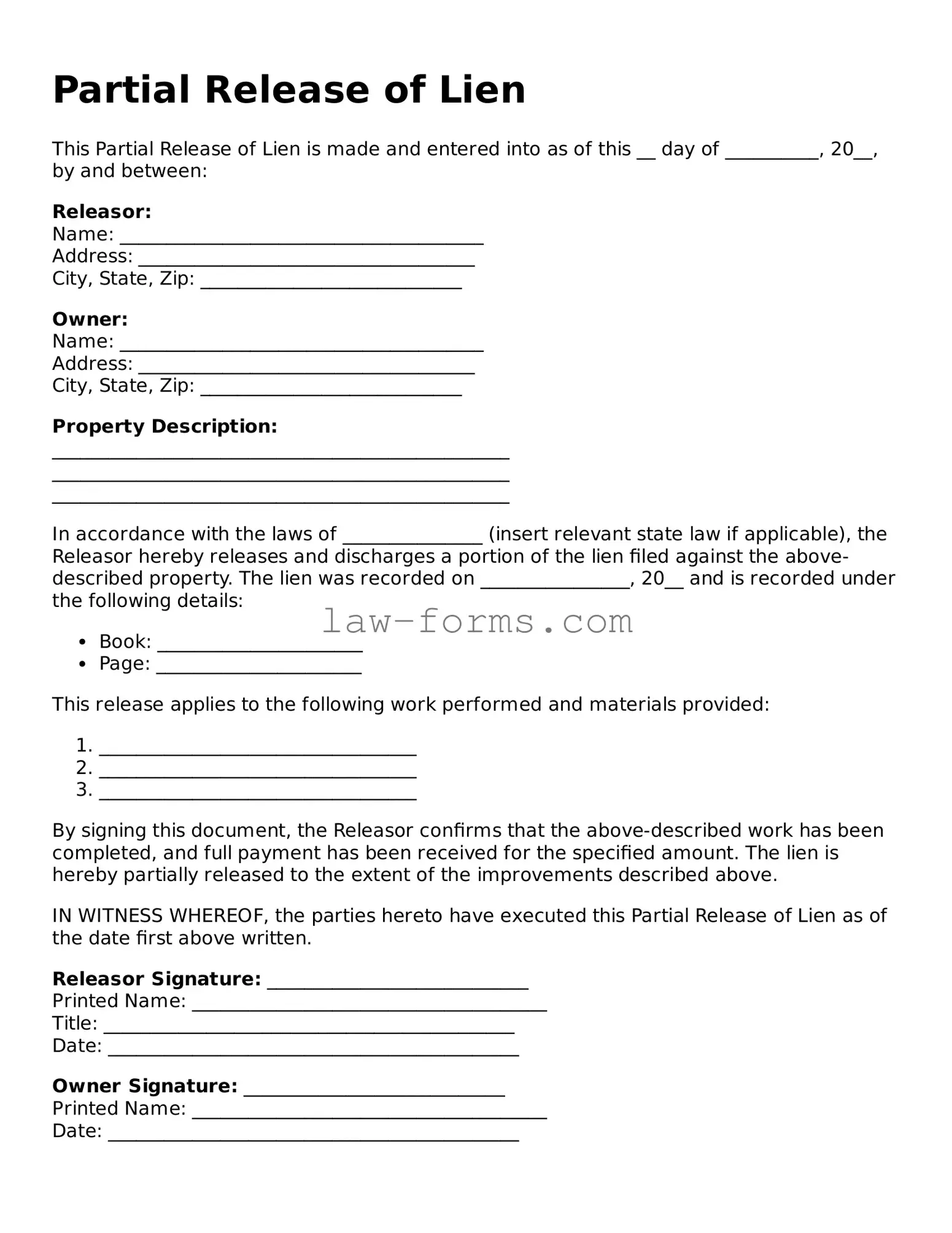 Valid Partial Release of Lien Template