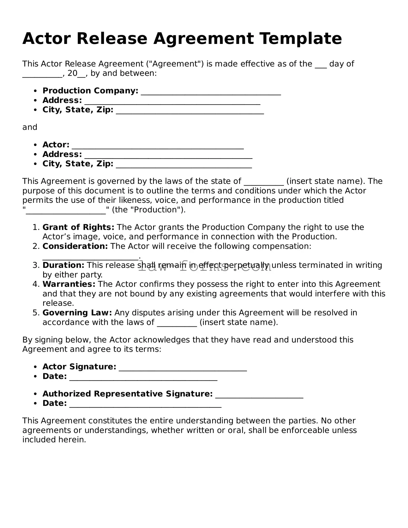 Valid Actor Release Template