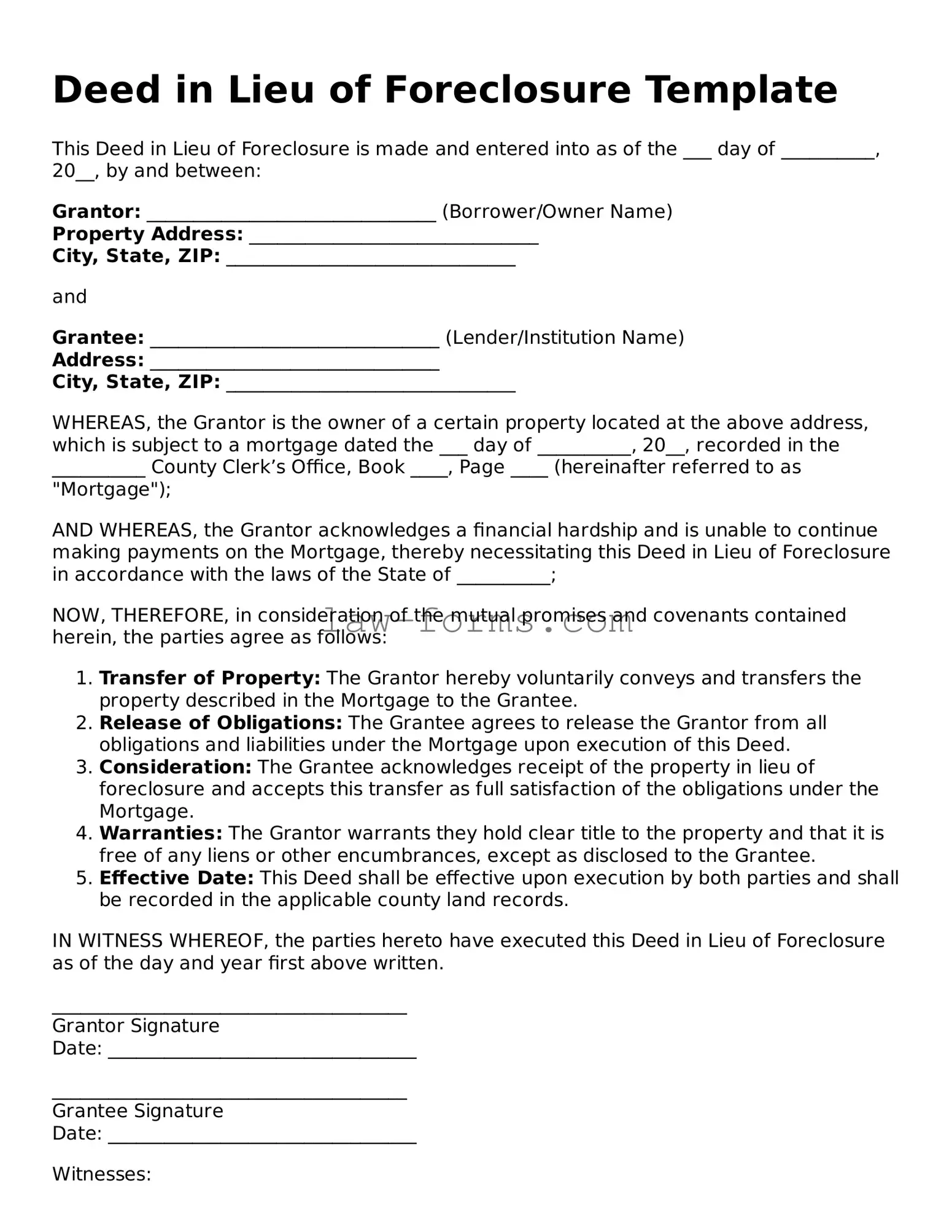Valid Deed in Lieu of Foreclosure Template