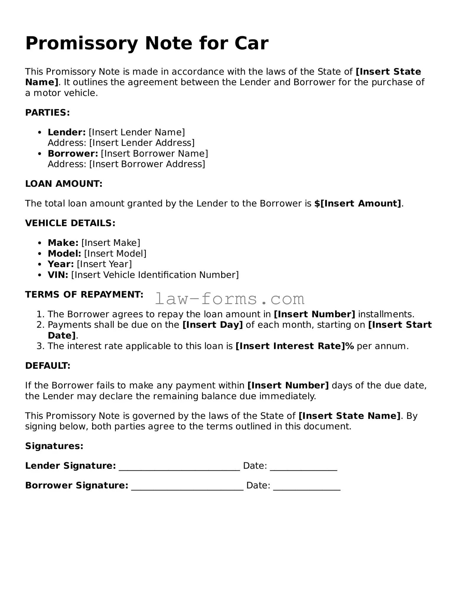 Valid Promissory Note for a Car Template