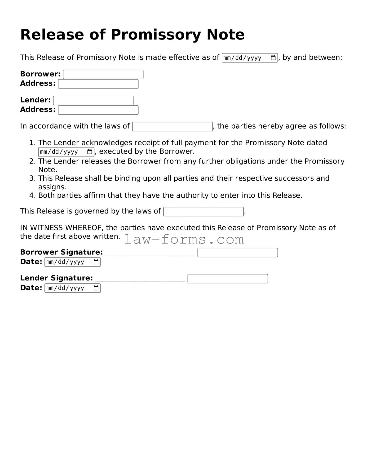 Valid Release of Promissory Note Template