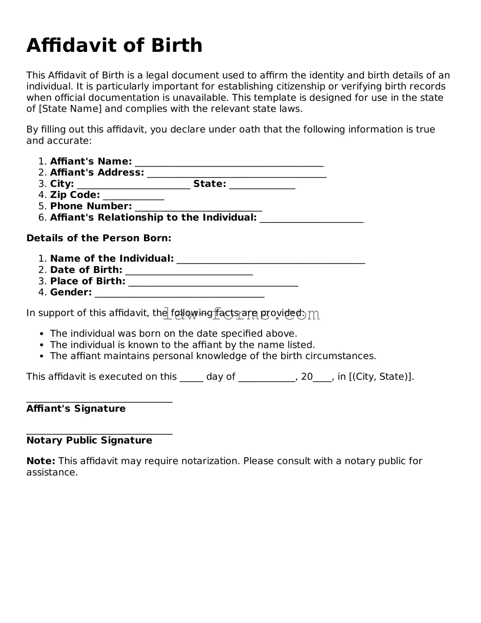 Valid Affidavit of Birth Template