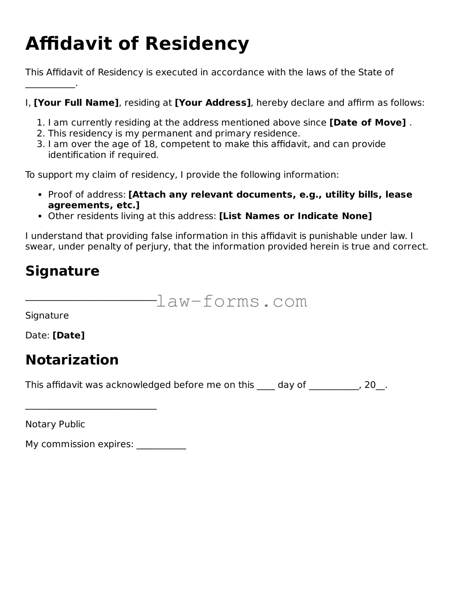 Valid Affidavit of Residency Template