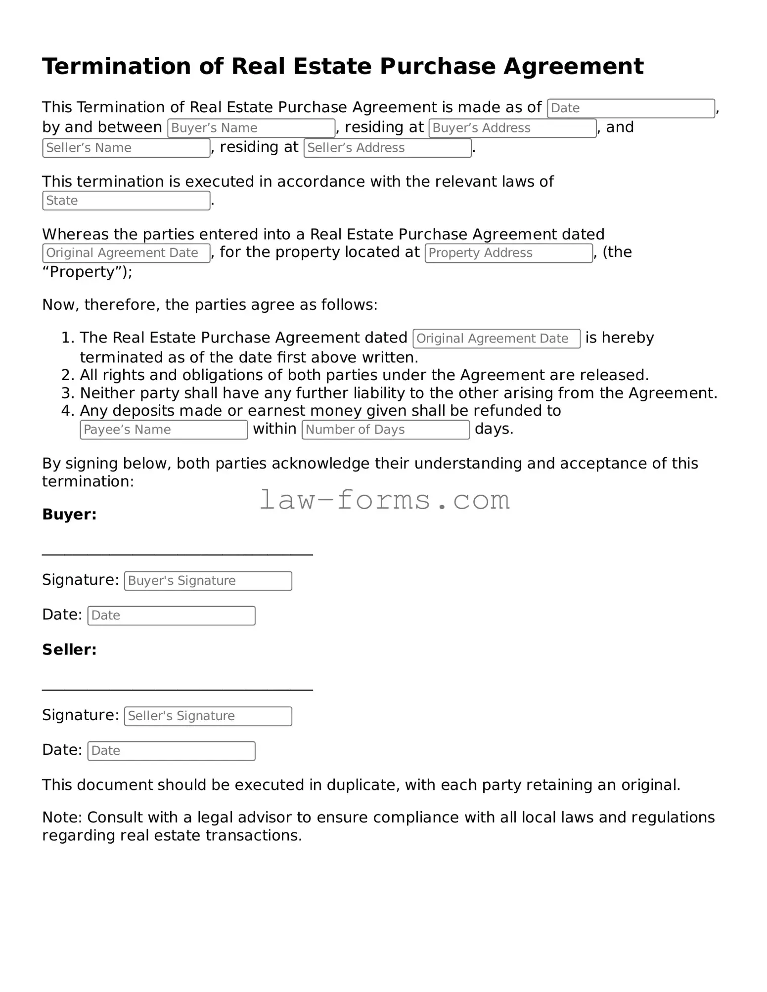 Valid Termination of Real Estate Purchase Agreement Template