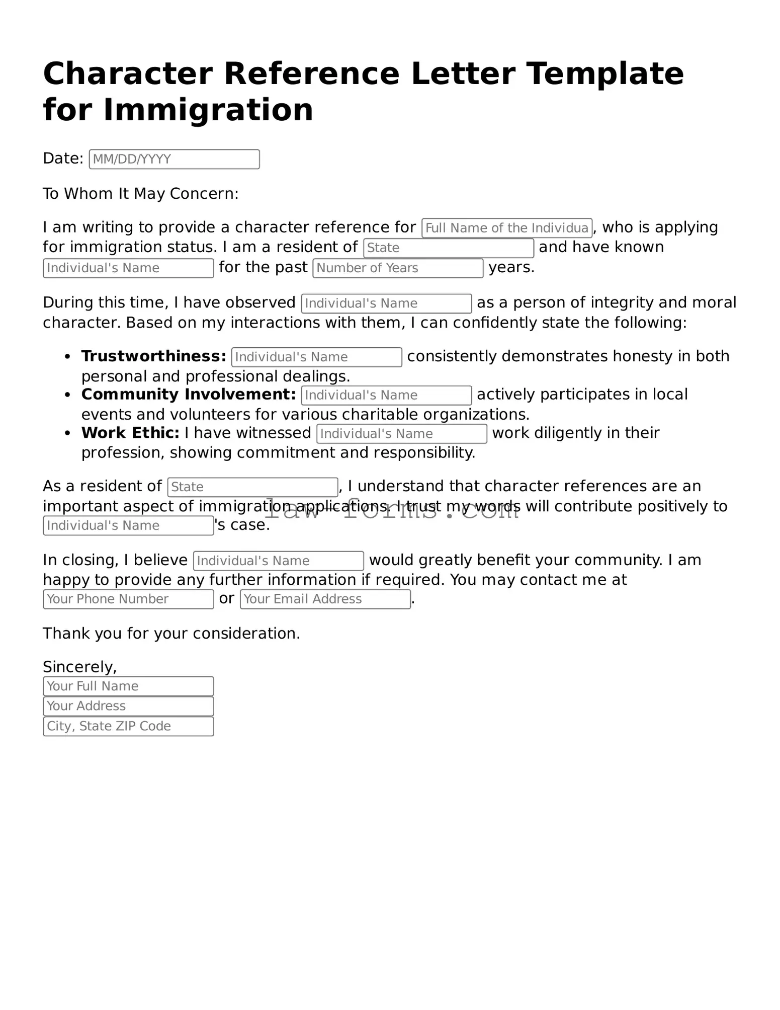 Valid Character Reference Letter for Immigration Template