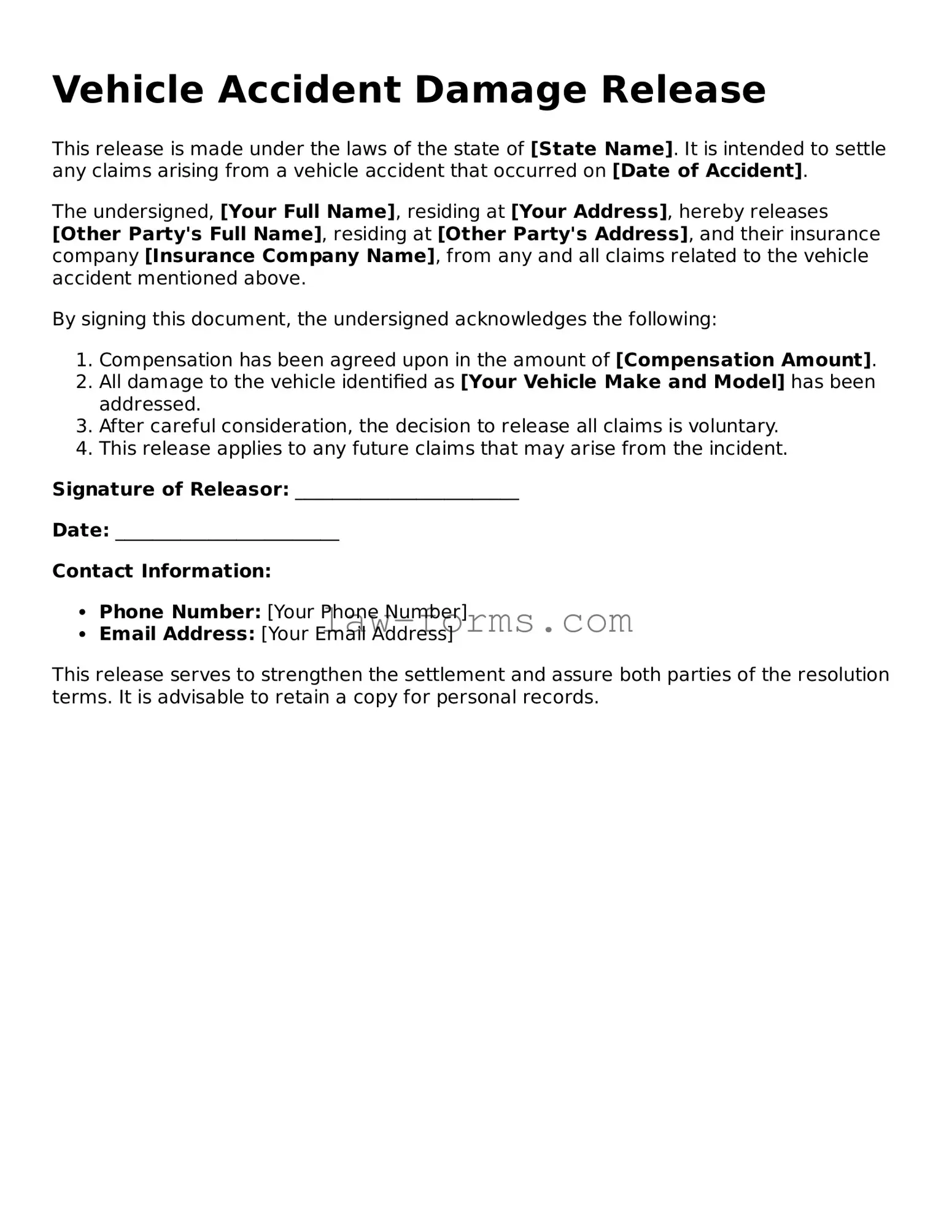 Valid Vehicle Accident Damage Release Template