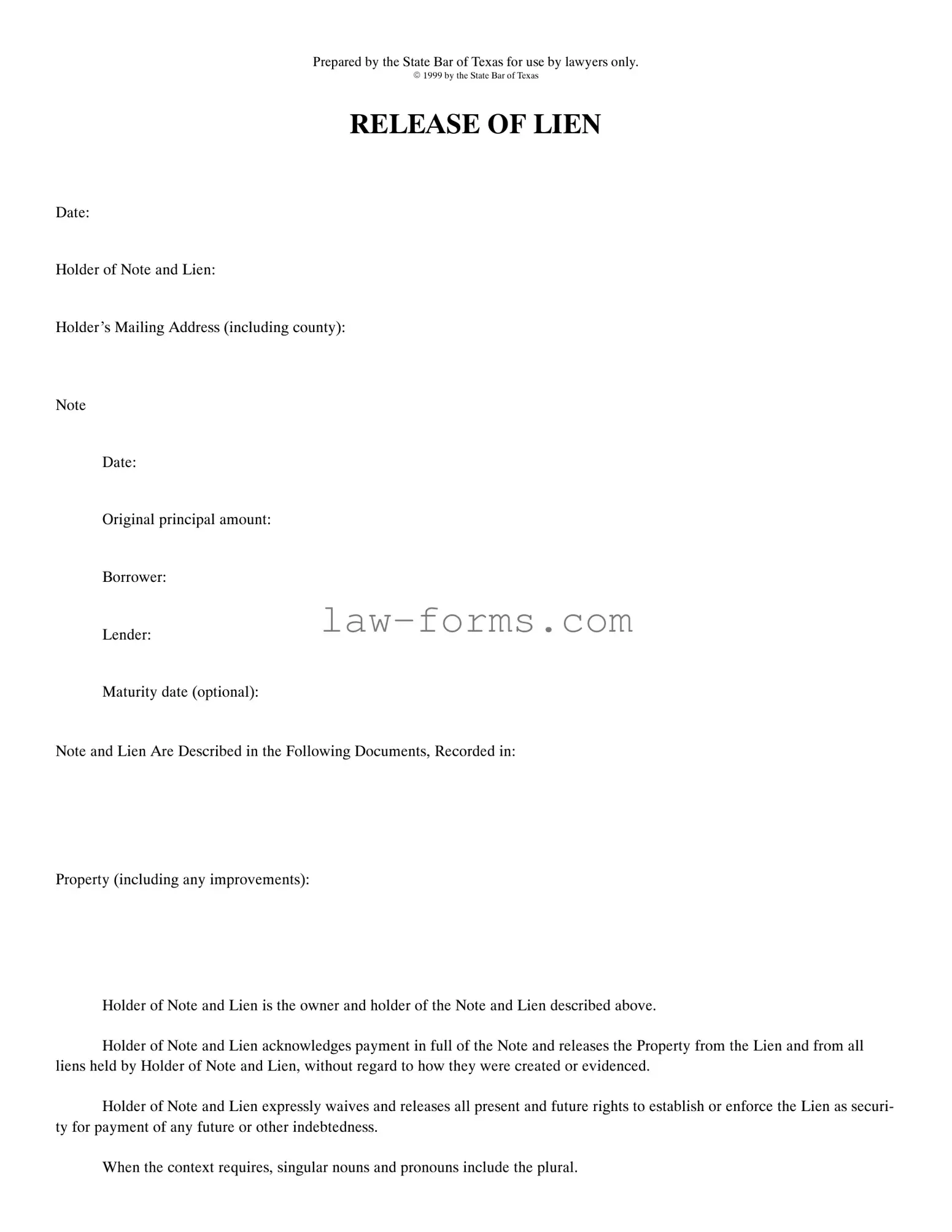 Release Of Lien Texas PDF Template