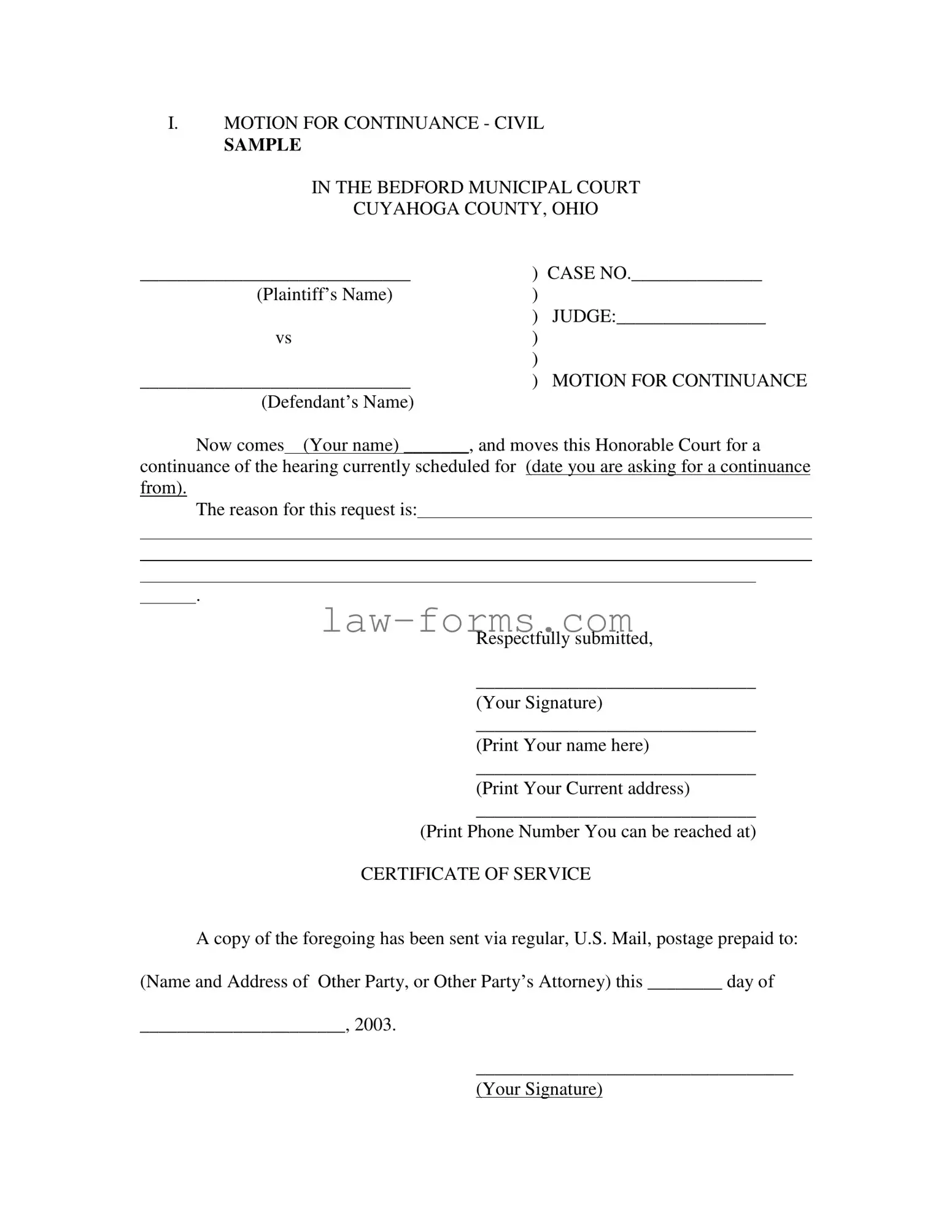 Motion For Continuance PDF Template