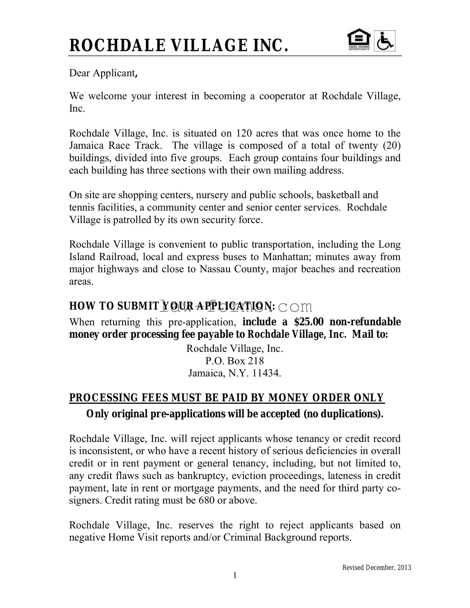 Rochdale village application PDF Template