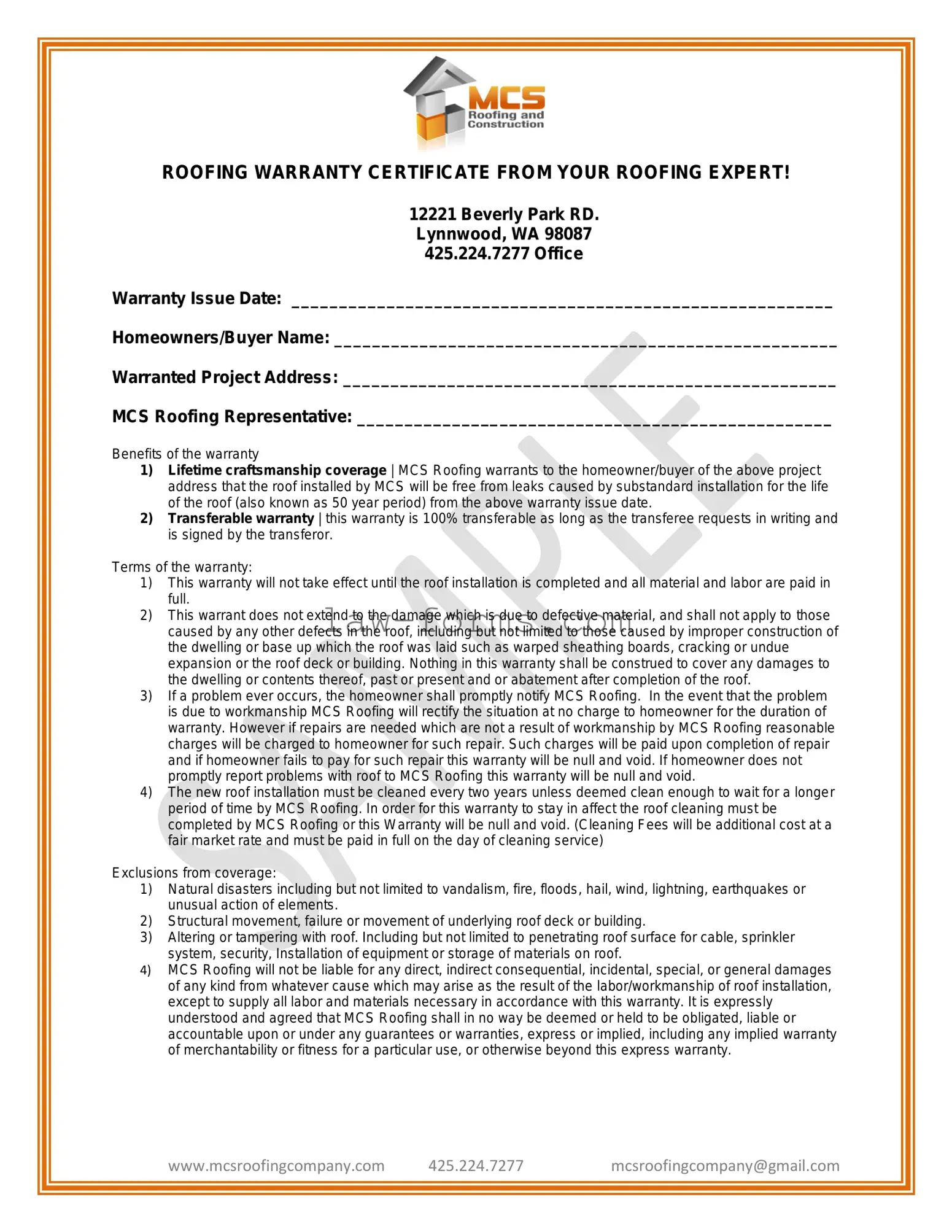 Roofing Warranty Certificate PDF Template