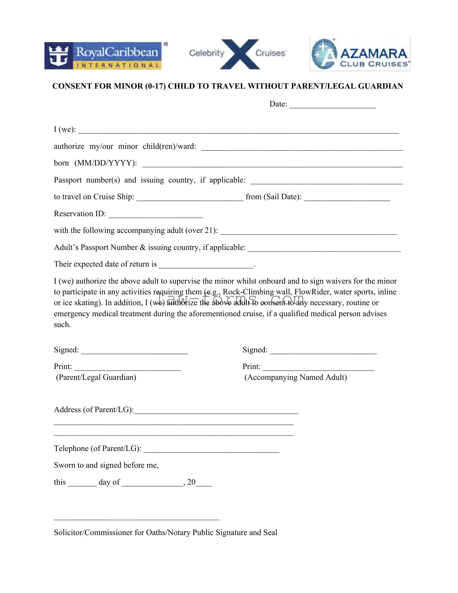Royal Caribbean Parental Consent PDF Template
