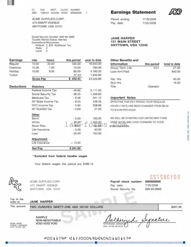 Adp Pay Stub PDF Template