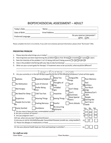 Biopsychosocial Assessment Social Work PDF Template