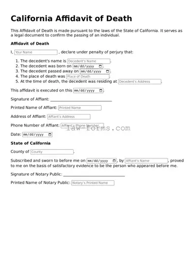 Valid Affidavit of Death Form for California State