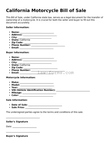 Valid Motorcycle Bill of Sale Form for California State
