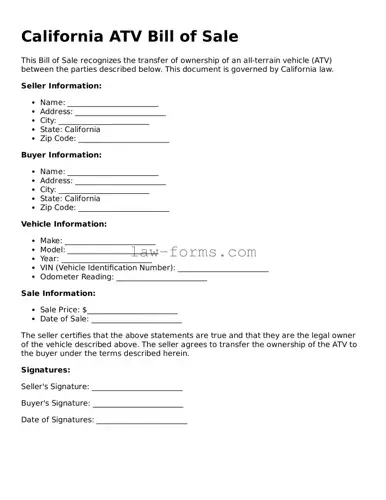 Valid ATV Bill of Sale Form for California State