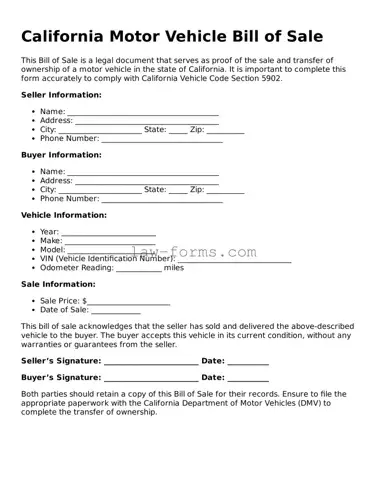 Valid Motor Vehicle Bill of Sale Form for California State
