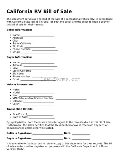 Valid RV Bill of Sale Form for California State