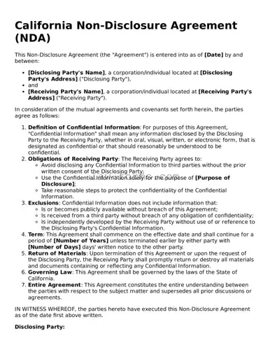 Valid Non-disclosure Agreement Form for California State