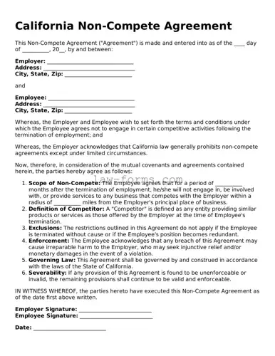 Valid Non-compete Agreement Form for California State