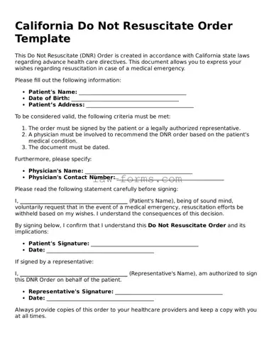 Valid Do Not Resuscitate Order Form for California State