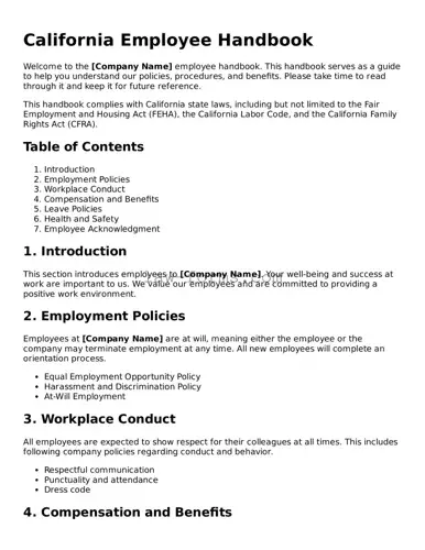 Valid Employee Handbook Form for California State