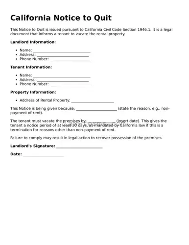 Valid Notice to Quit Form for California State