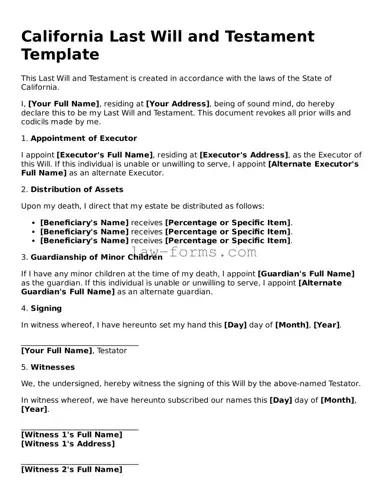 Valid Last Will and Testament Form for California State