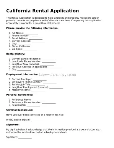 Valid Rental Application Form for California State