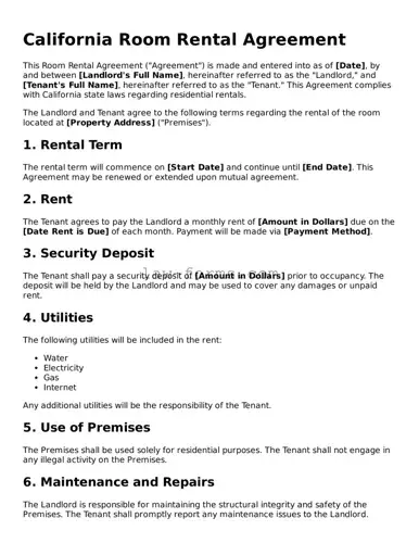 Valid Room Rental Agreement Form for California State