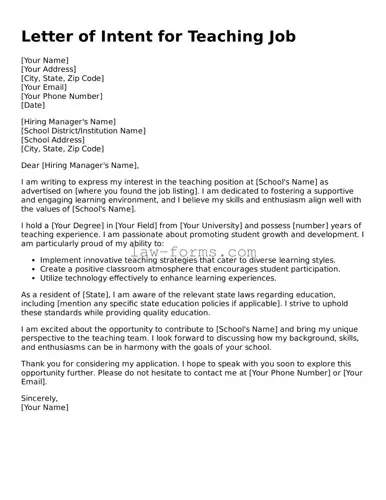 Valid Letter of Intent for a Teaching Job Template