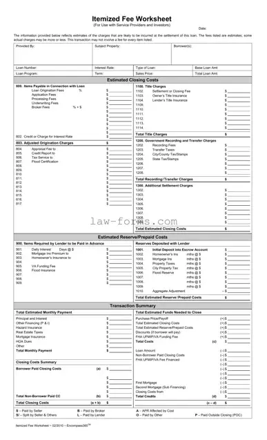 Fee Worksheet PDF Template