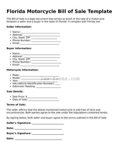 Valid Motorcycle Bill of Sale Form for Florida State