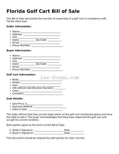 Valid Golf Cart Bill of Sale Form for Florida State