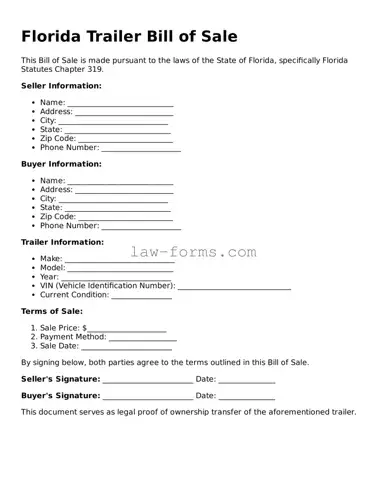 Valid Trailer Bill of Sale Form for Florida State