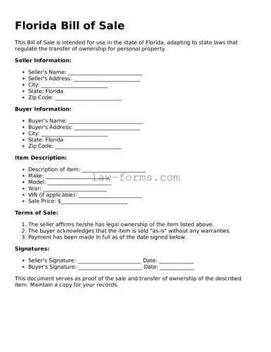 Valid Bill of Sale Form for Florida State