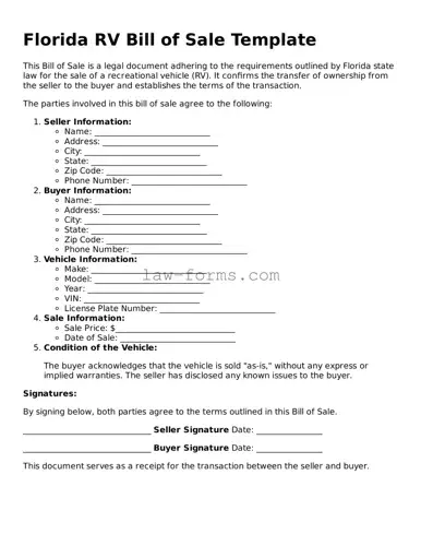 Valid RV Bill of Sale Form for Florida State
