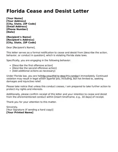 Valid Cease and Desist Letter Form for Florida State