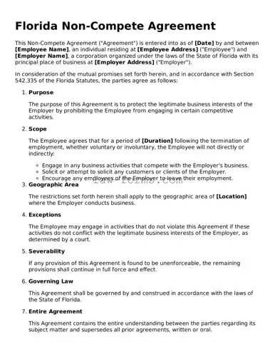 Valid Non-compete Agreement Form for Florida State