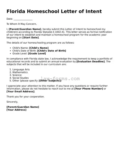 Valid Homeschool Letter of Intent Form for Florida State