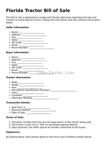 Valid Tractor Bill of Sale Form for Florida State