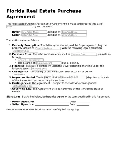Valid Real Estate Purchase Agreement Form for Florida State