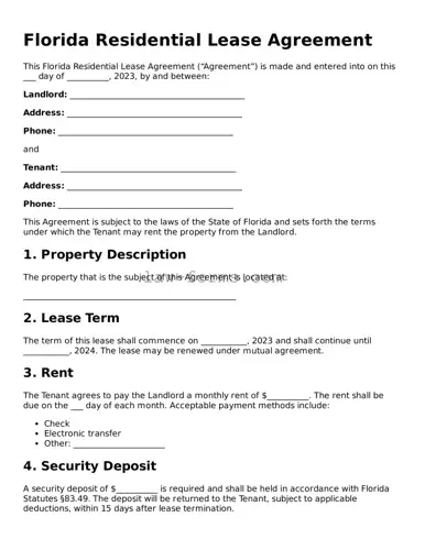 Valid Residential Lease Agreement Form for Florida State